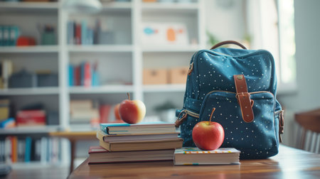 Back to School Vibes: Study Desk with Backpack and Math Bookの素材