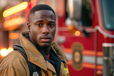Firefighter Standing in Front of Fire Truck in Daylightの素材