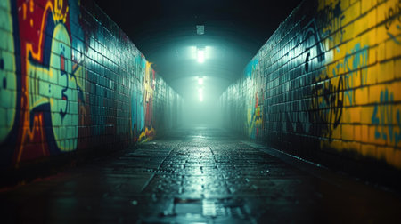 Misty Alley with Neon Graffiti Artの素材