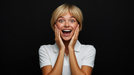 Joyful Woman with Hands on Cheeks, Black Backgroundの素材