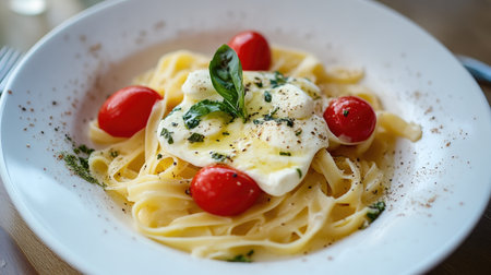 Caprese Pasta Dish Featuring Mozzarella and Ripe Tomatoesの素材