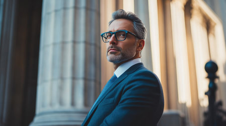 Experienced Lawyer with Courthouse Facade and Blank Spaceの素材