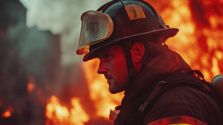 Heroic Firefighter with Blaze in the Backgroundの素材
