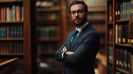 Professional Lawyer in Formal Attire with Law Books Backgroundの素材