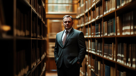 Business Attorney in a Suit Standing Among Legal Booksの素材