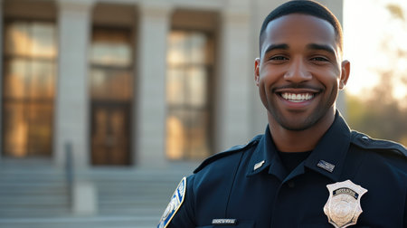Friendly Officer with Courthouse Background for Promotional Useの素材