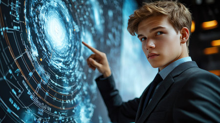 Young Male Meteorologist in Modern Studio Analyzing Weatherの素材