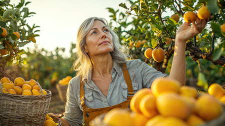 Middle-Aged Woman Checking Fruit Trees in Orchardの素材