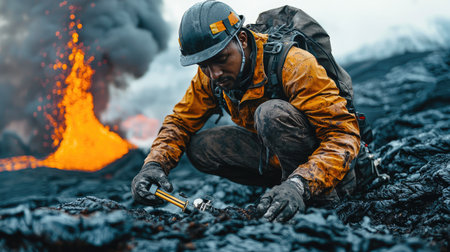 African American Volcanologist at Active Volcano Setting Up Seismometerの素材