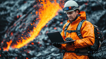 Volcanologist Analyzing Eruption Data with Laptopの素材