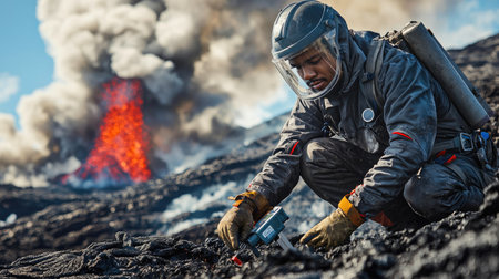 Protective Gear Volcanologist Setting Up Equipment Near Smoking Volcanoの素材