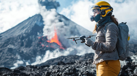 Caucasian Scientist Studying Volcano Eruption with Technologyの素材