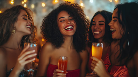 Happy Women Enjoying Drinks at Stylish Barの素材