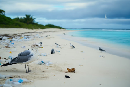 Beach Covered in Litter: Seagulls Amongst Plastic Wasteの素材