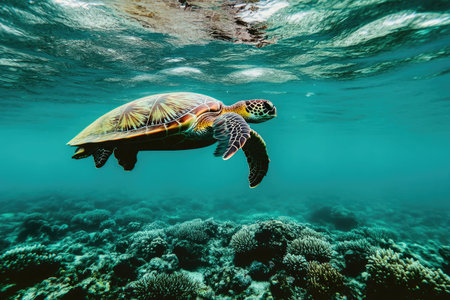 Endangered Sea Turtle Navigating a Healthy Coral Reefの素材