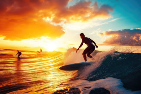 Surfers Riding Waves at Dawn's Golden Hourの素材