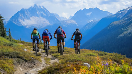 Thrilling Mountain Bike Ride Against Majestic Mountain Backdropの素材