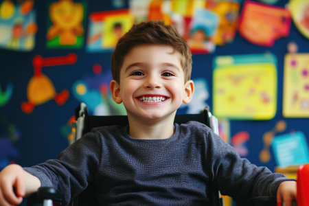 Happy Young Student in Wheelchair Enjoying Class Environmentの素材