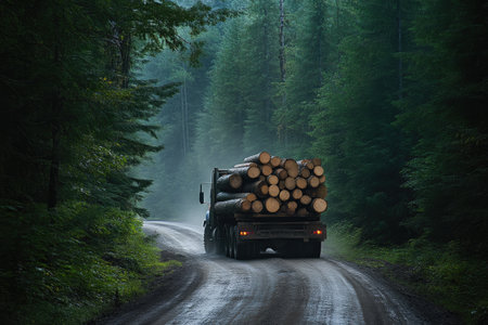 Logging Truck Hauling Timber on Forest Roadの素材
