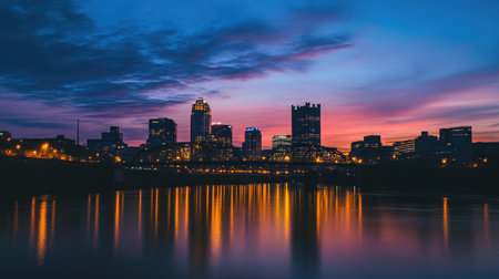 City Skyline at Dusk with Bridge Silhouetteの素材