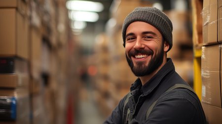 Warehouse Worker with Bright Smile Beside Inventory Packagesの素材