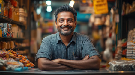 Indian Shopkeeper with Bright Smile at Grocery Counterの素材