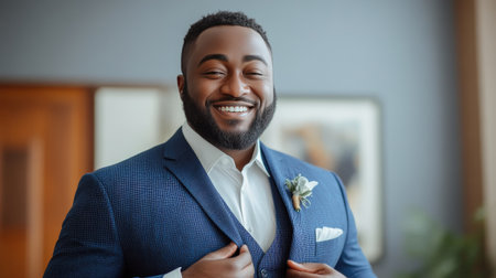 Happy African Man in Wedding Attire, Embracing the Momentの素材