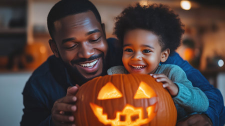 Happy Family Carving Pumpkins Together in the Kitchenの素材