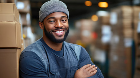 Smiling Warehouse Employee with Stack of Packages Ready for Shippingの素材