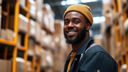 Joyful Factory Worker Posing with Shipping Packages in Warehouseの素材