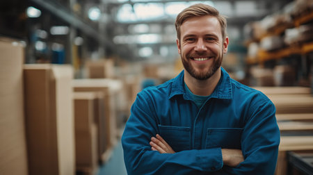 Efficient Worker in Blue Uniform at Furniture Assembly Stationの素材
