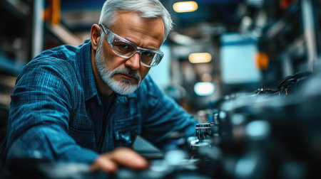 Middle-aged professional overseeing EV car production facilityの素材