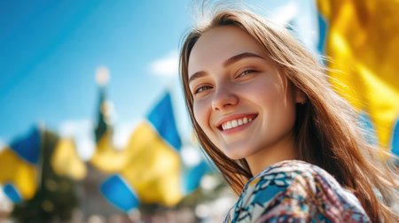Happy Ukrainian Woman Smiling in Front of Flagsの素材