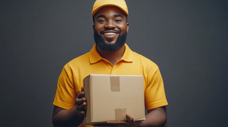 Postal Worker Ready with Package, Demonstrating Reliable Delivery Serviceの素材