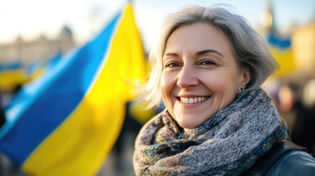 Happy Ukrainian Woman Smiling Against Flag Backdropの素材