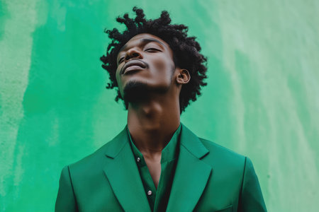 Man Dressed in Trendy Green Fashion Statementの素材