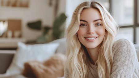 Joyful young influencer enjoying her trendy homeの素材