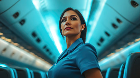 Mature Latina Air Hostess in Uniform Providing Passenger Serviceの素材