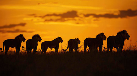 Lions at Dusk: A Stunning Sunset Silhouette Sceneの素材