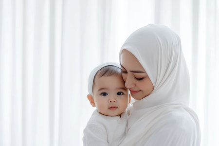 Radiant Love: Malaysian Mother in White Hijab with Childの素材