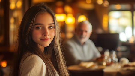 Elegant Restaurant Service: Young Woman and Older Gentleman Interactionの素材