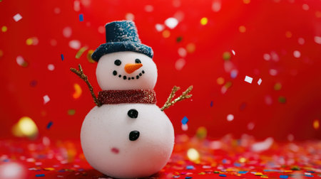 Festive Snowman with Red Background and Confettiの素材