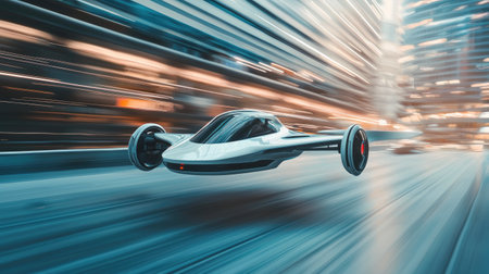 Sleek White Futuristic Drone Aircraft Car in Flightの素材