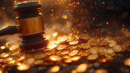 Dramatic Conflict: Gavel Strikes Scattered Coinsの素材