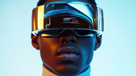 Futuristic Male Model Sporting Frameless Gold VR Glassesの素材