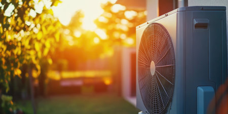 Close-Up of Modern Heat Pump on Residential Buildingの素材