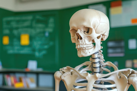Science Classroom Featuring Close-Up Skeleton Modelの素材
