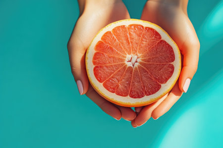 Textured Grapefruit Held by Hands with Sunlight Shadowsの素材