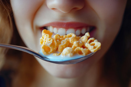 Close-Up of Woman Eating Crunchy Cerealの素材