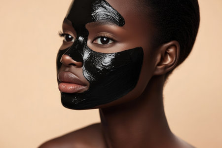 Black Woman Applying Skincare Mask Serum, Pastel Beige Settingの素材